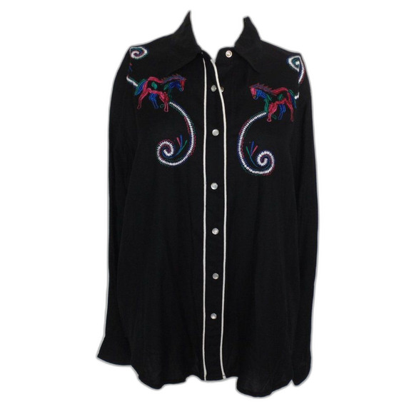 new ADOBE ROSE Shirt, 1X, Horse Embroidery, Snap Front, Black, Long sleeves - Picture 11 of 16